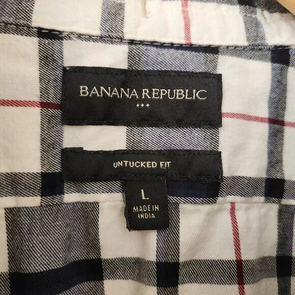 Banana Republic Men's Untucked Fit Plaid Long Sleeve Shirt Navy/Red/White Casual - Picture 3 of 9